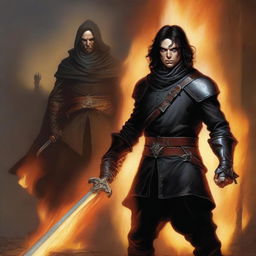 A remarkable digital art image showcases a skinny male Halfling Rogue and Bladesinger wizard