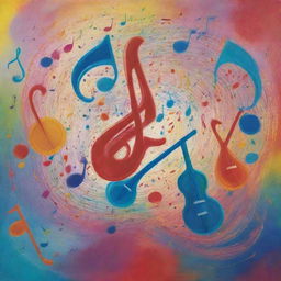 A visual representation of music, with vibrant colors swirling, notes floating about, and instruments playing.