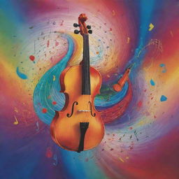 A visual representation of music, with vibrant colors swirling, notes floating about, and instruments playing.