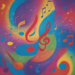 A visual representation of music, with vibrant colors swirling, notes floating about, and instruments playing.