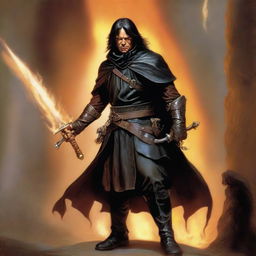 In this high-quality digital art image, a slim and skinny male Halfling Rogue and Bladesinger wizard is depicted