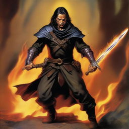 In this high-quality digital art image, a slim and skinny male Halfling Rogue and Bladesinger wizard is depicted