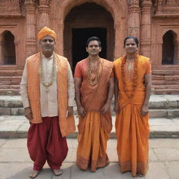 Ram, Sita, and Laxman standing together in the historic city of Ayodhya, adorned in traditional attire.