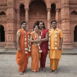 Ram, Sita, and Laxman standing together in the historic city of Ayodhya, adorned in traditional attire.