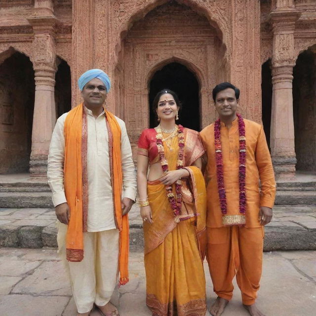 Ram, Sita, and Laxman standing together in the historic city of Ayodhya, adorned in traditional attire.