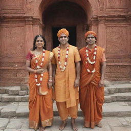 Ram, Sita, and Laxman standing together in the historic city of Ayodhya, adorned in traditional attire.