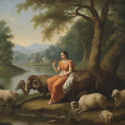 A tranquil scene representing the joy found in devoting oneself to Ram, in comparison to the materialistic pleasures of wealth.