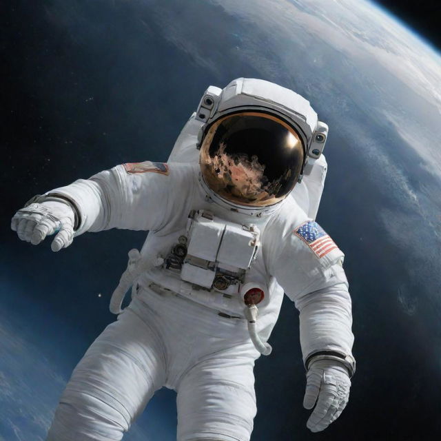 A detailed and high-quality image of an astronaut in a modern spacesuit floating in outer space, with a distant view of Earth and a nebula in the background.