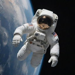 A detailed and high-quality image of an astronaut in a modern spacesuit floating in outer space, with a distant view of Earth and a nebula in the background.