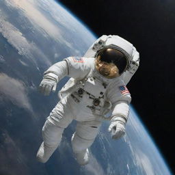 A detailed and high-quality image of an astronaut in a modern spacesuit floating in outer space, with a distant view of Earth and a nebula in the background.