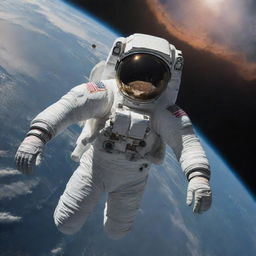 A detailed and high-quality image of an astronaut in a modern spacesuit floating in outer space, with a distant view of Earth and a nebula in the background.