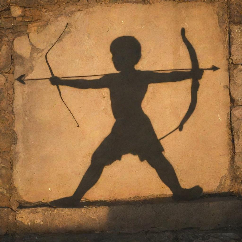 The shadow of child Sri Ram, with a discernable bow and arrow, artfully cast on the ancient, weathered stones of Ayodhya under a setting sun.