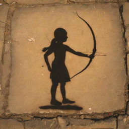 The shadow of child Sri Ram, with a discernable bow and arrow, artfully cast on the ancient, weathered stones of Ayodhya under a setting sun.