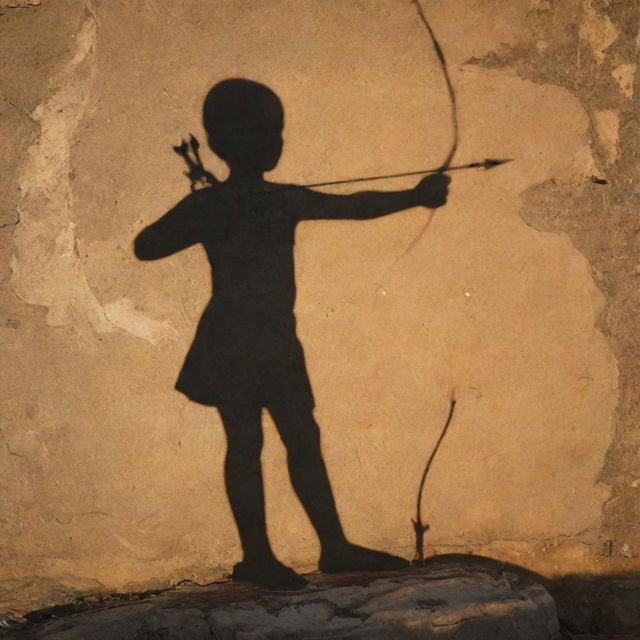 The shadow of child Sri Ram, with a discernable bow and arrow, artfully cast on the ancient, weathered stones of Ayodhya under a setting sun.