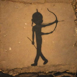 The shadow of child Sri Ram, with a discernable bow and arrow, artfully cast on the ancient, weathered stones of Ayodhya under a setting sun.