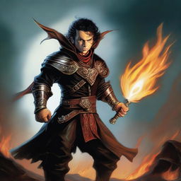 This digital art image, rendered in the style of Boris Vallejo, features a slim, handsome male Halfling with tall, pointed ears