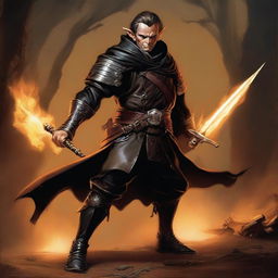 This digital art image, inspired by the style of Boris Vallejo, captures a slim, handsome male Halfling with tall, pointed ears