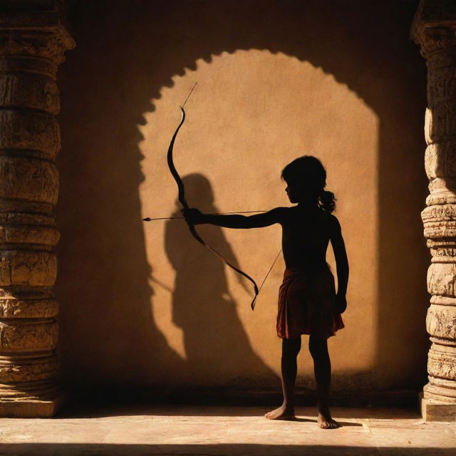 A graceful shadow of child Sri Ram, visible bow and arrow in hand, projected inside a mesmerizing, intricately crafted temple in Ayodhya, dappled by the filtering sunlight.