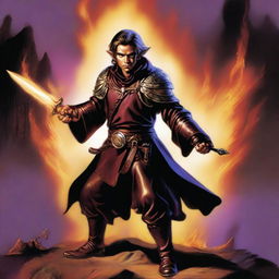 This digital art image, rendered in the style of Boris Vallejo, showcases a slim, handsome male Halfling with tall, pointed ears