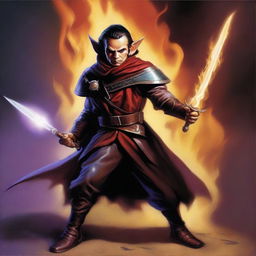 This digital art image, rendered in the style of Boris Vallejo, showcases a slim, handsome male Halfling with tall, pointed ears