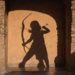 A graceful shadow of child Sri Ram, visible bow and arrow in hand, projected inside a mesmerizing, intricately crafted temple in Ayodhya, dappled by the filtering sunlight.