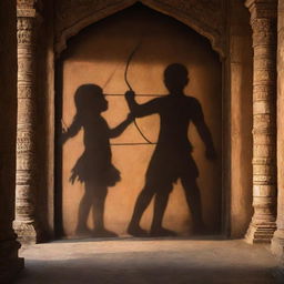 A graceful shadow of child Sri Ram, visible bow and arrow in hand, projected inside a mesmerizing, intricately crafted temple in Ayodhya, dappled by the filtering sunlight.