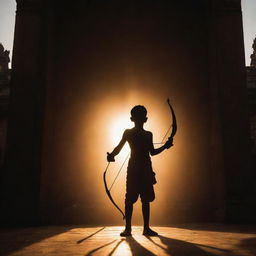 The imposing shadow of child Sri Ram with his bow and arrow casting a heroic silhouette across the grand hall of a magnificent temple in Ayodhya, under glowing sun rays.