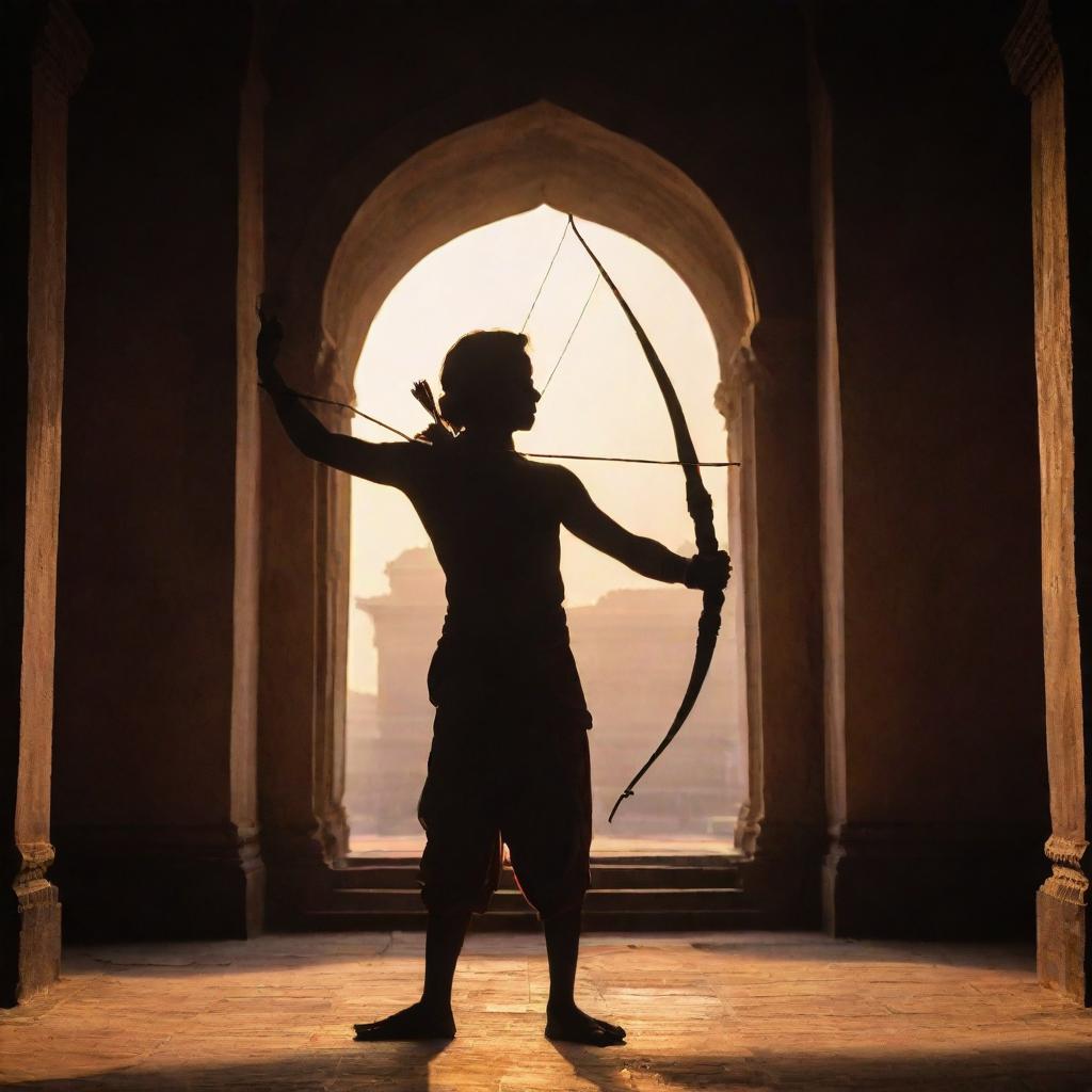 The imposing shadow of child Sri Ram with his bow and arrow casting a heroic silhouette across the grand hall of a magnificent temple in Ayodhya, under glowing sun rays.