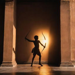 The imposing shadow of child Sri Ram with his bow and arrow casting a heroic silhouette across the grand hall of a magnificent temple in Ayodhya, under glowing sun rays.