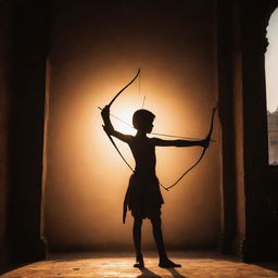 The imposing shadow of child Sri Ram with his bow and arrow casting a heroic silhouette across the grand hall of a magnificent temple in Ayodhya, under glowing sun rays.