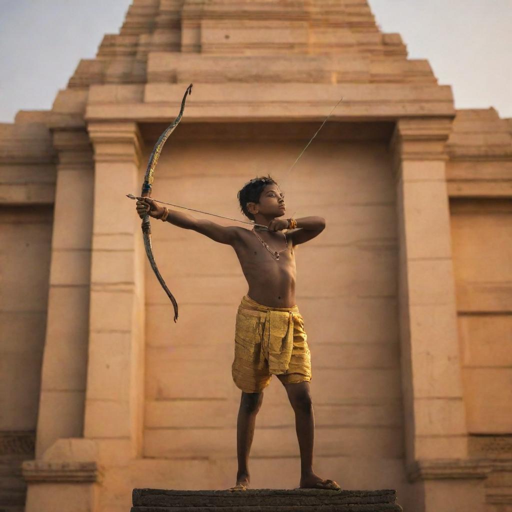 The grand shadow of God child Sri Ram, with his bow and arrow, set against the backdrop of an imposing temple in Ayodhya, bathed in the gold-tinted light of a setting sun.