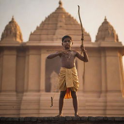 The grand shadow of God child Sri Ram, with his bow and arrow, set against the backdrop of an imposing temple in Ayodhya, bathed in the gold-tinted light of a setting sun.