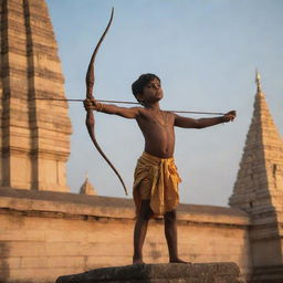 The grand shadow of God child Sri Ram, with his bow and arrow, set against the backdrop of an imposing temple in Ayodhya, bathed in the gold-tinted light of a setting sun.