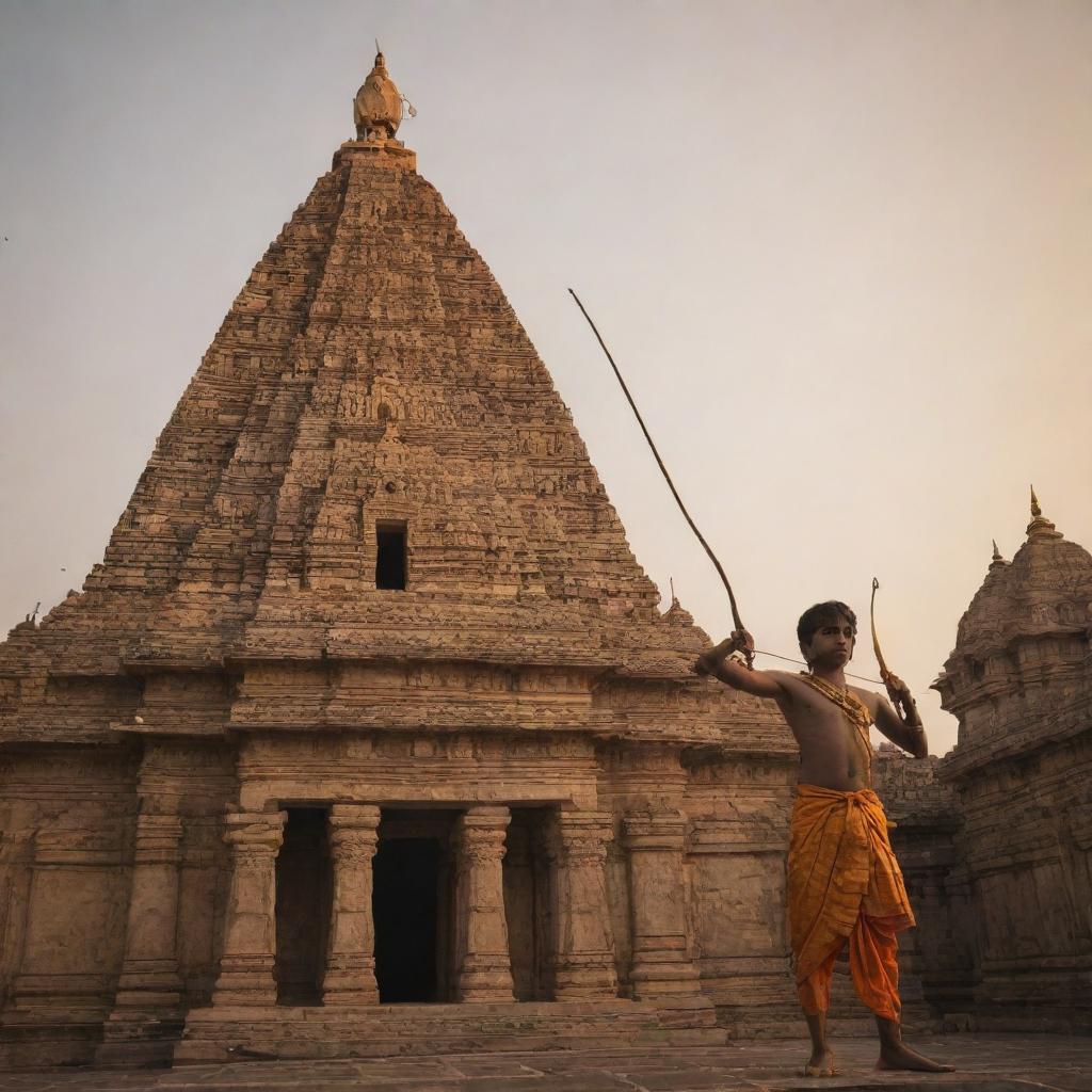 The grand shadow of God child Sri Ram, with his bow and arrow, set against the backdrop of an imposing temple in Ayodhya, bathed in the gold-tinted light of a setting sun.