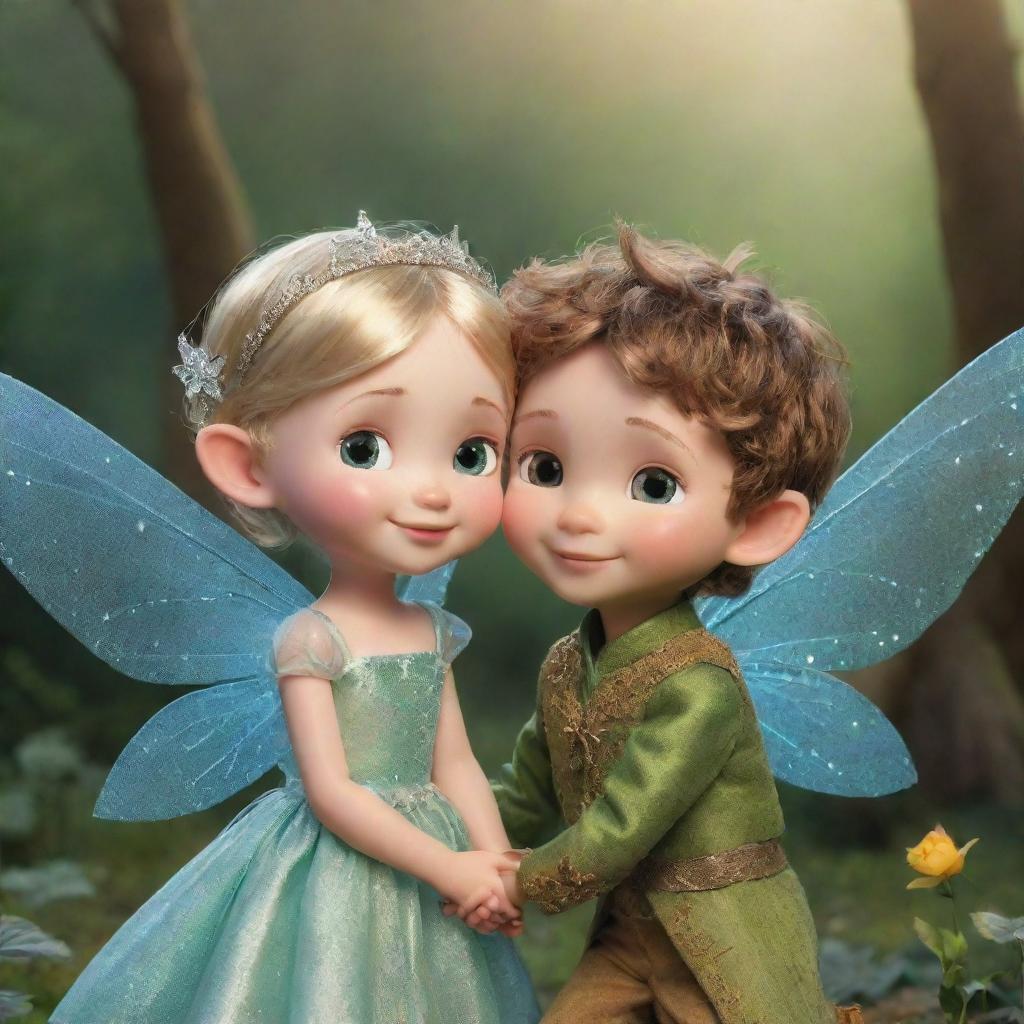 A tiny pixie fairy and a prince living happily ever after, their love and friendship shining brightly, inspiring all those around them.