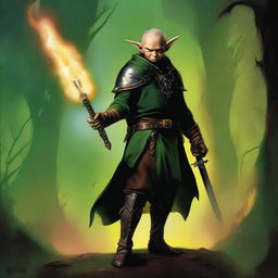 This digital art image, reminiscent of Boris Vallejo's style, depicts a slender, handsome male Halfling