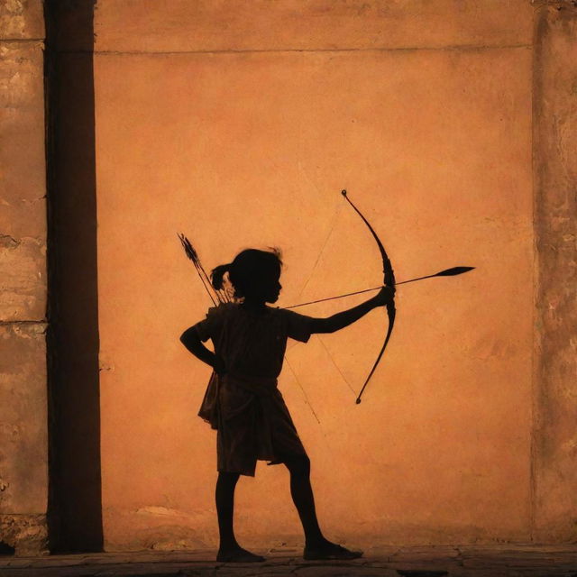 The silhouette of child Lord Sri Ram, holding a bow and arrow, etched strongly against the majestic walls of a large temple in Ayodhya under the warm hues of a setting sun.