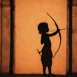 The silhouette of child Lord Sri Ram, holding a bow and arrow, etched strongly against the majestic walls of a large temple in Ayodhya under the warm hues of a setting sun.