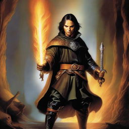 This is a high-quality digital artwork, crafted in the style of Boris Vallejo, featuring a slim, handsome male Halfling with tall, pointed ears