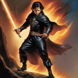 This is a high-quality digital artwork, crafted in the style of Boris Vallejo, featuring a slim, handsome male Halfling with tall, pointed ears