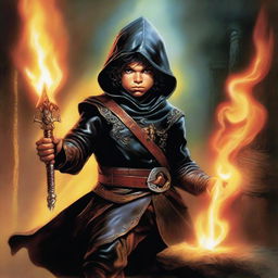 This is a high-quality digital artwork, crafted in the style of Boris Vallejo, featuring a slim, handsome male Halfling with tall, pointed ears