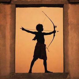 The silhouette of child Lord Sri Ram, holding a bow and arrow, etched strongly against the majestic walls of a large temple in Ayodhya under the warm hues of a setting sun.