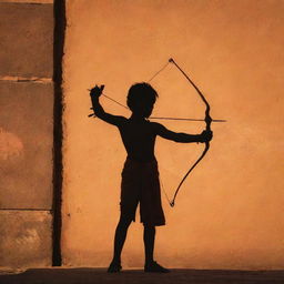 The silhouette of child Lord Sri Ram, holding a bow and arrow, etched strongly against the majestic walls of a large temple in Ayodhya under the warm hues of a setting sun.