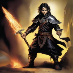 This digital art image, crafted in the style of Boris Vallejo, depicts a slim and very handsome male Halfling