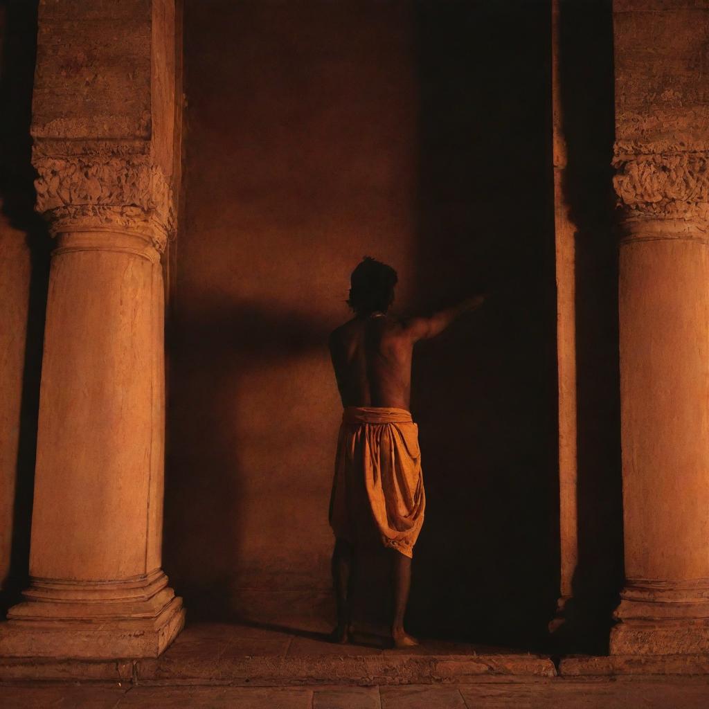 The powerful shadow of King Lord Sri Ram, armed with a bow and arrow, dominating the interiors of a grand temple in Ayodhya, subtly lit by the soft, fading sunlight.