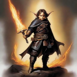 This digital art image, crafted in the style of Boris Vallejo, depicts a slim and very handsome male Halfling