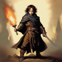 This digital art image, crafted in the style of Boris Vallejo, depicts a slim and very handsome male Halfling