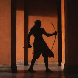 The powerful shadow of King Lord Sri Ram, armed with a bow and arrow, dominating the interiors of a grand temple in Ayodhya, subtly lit by the soft, fading sunlight.