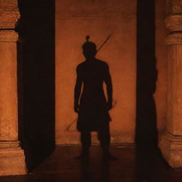 The powerful shadow of King Lord Sri Ram, armed with a bow and arrow, dominating the interiors of a grand temple in Ayodhya, subtly lit by the soft, fading sunlight.