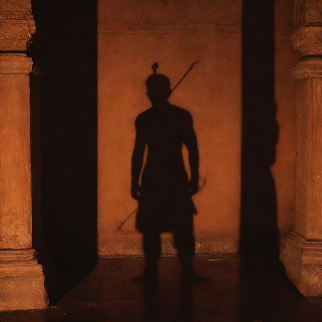 The powerful shadow of King Lord Sri Ram, armed with a bow and arrow, dominating the interiors of a grand temple in Ayodhya, subtly lit by the soft, fading sunlight.